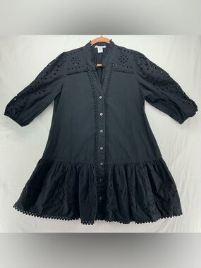 Christian Lacroix M Black Cotton Dress Eyelet Button Down Lace Crochet - No Belt